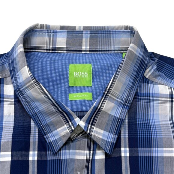 Hugo Boss NWT Green Label Button Up Shirt Mens XXL Blue Plaid Cotton Long Sleeve - Picture 5 of 12